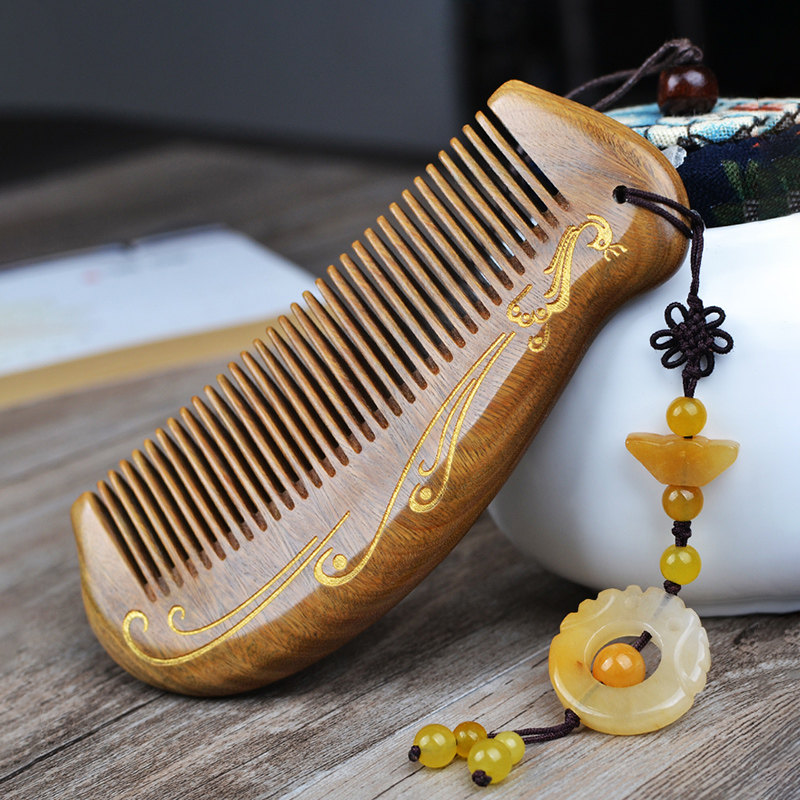 可爱天然檀香木梳正品家用男女刻字防静电脱发按摩包包绿檀木梳子