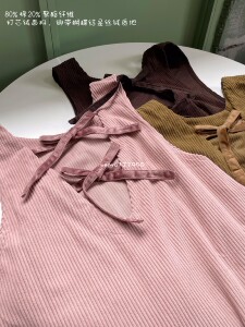 秋冬日系前后2WAY丝绒蝴蝶结复古森女系灯芯绒无袖背心连衣裙子