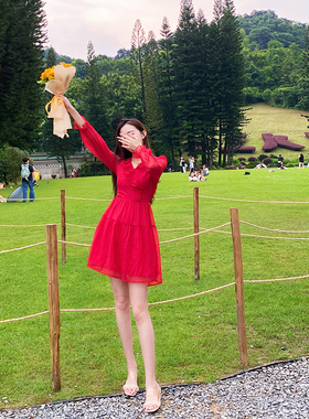 绝美森系荷叶边连衣裙女秋新款a字裙赫本复古红色小个子短款裙子