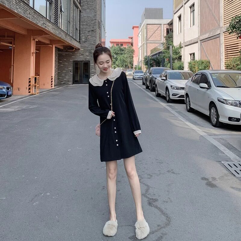 法式小黑裙女春秋装新款复古裙子中长款黑色娃娃领长袖衬衫连衣裙