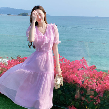 荷叶边V领连衣裙2024新款女夏季法式钓系约会显瘦收腰超仙长款裙