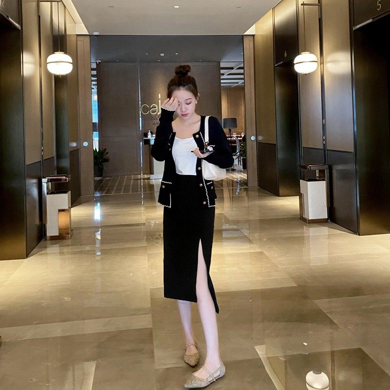 超火不规则开叉高腰黑色半裙女春装新款中长款显瘦包裙半身裙