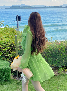 法式绝美森系小清新绿色气质短裙女早秋装出游穿搭防晒仙女连衣裙