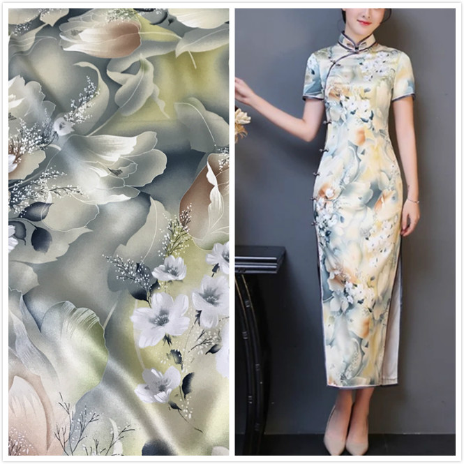 苏州鸿成25姆米重磅桑蚕丝真丝缎喷绘印花加厚丝绸旗袍服装面料
