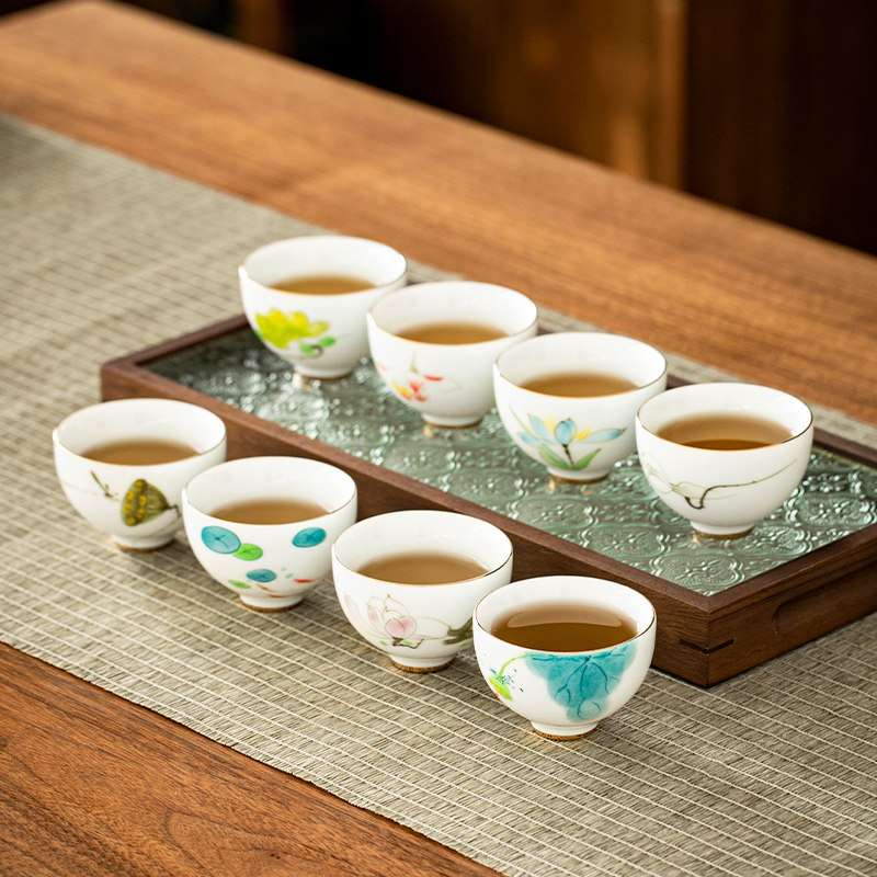 手绘釉下彩白瓷品茗杯功夫小茶杯