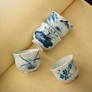 仿古手绘潮州功夫茶杯40ml釉下彩陶瓷茶具小茶碗家用主人单杯个人