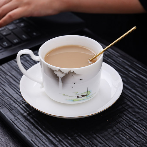 白瓷咖啡杯套装羊脂玉瓷高档精致山水下午茶杯子轻奢高级陶瓷杯子