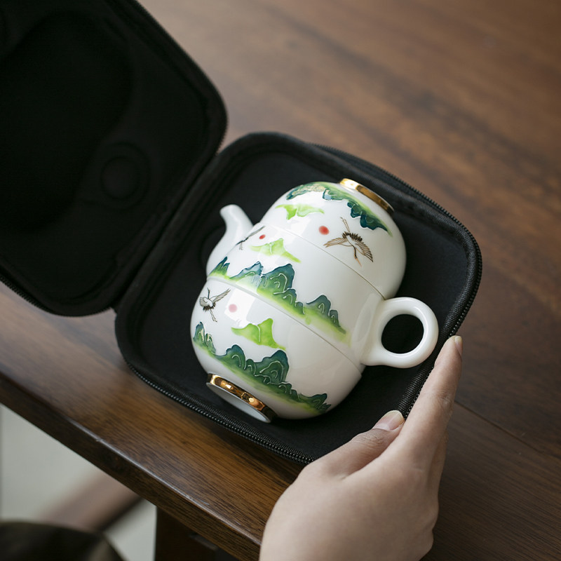 羊脂玉瓷户外旅行茶具便携式包釉下彩陶瓷一壶二杯茶壶茶杯快客杯