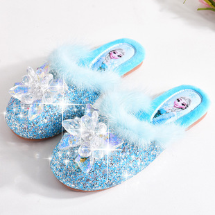 女童棉拖鞋新款艾莎儿童水晶室内家居公主女孩爱莎亮片宝宝防滑冬