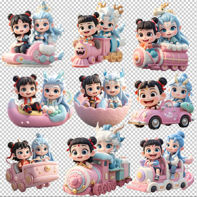 哪吒敖丙坐火车坐飞机立体q版动漫T恤印花热转印卡通人物素材png