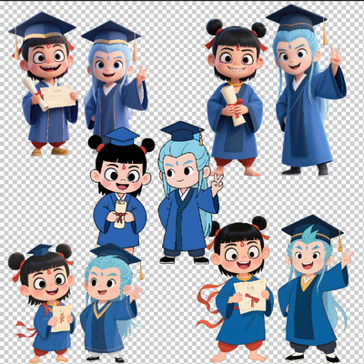 哪吒敖丙幼儿园小学毕业季博士服卡通人物Q版素材PNG格式非实物