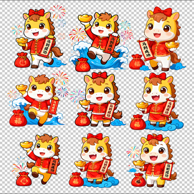 马年新年春节可爱卡通小马抱金元宝PNG免扣贴纸插画素材图非实物