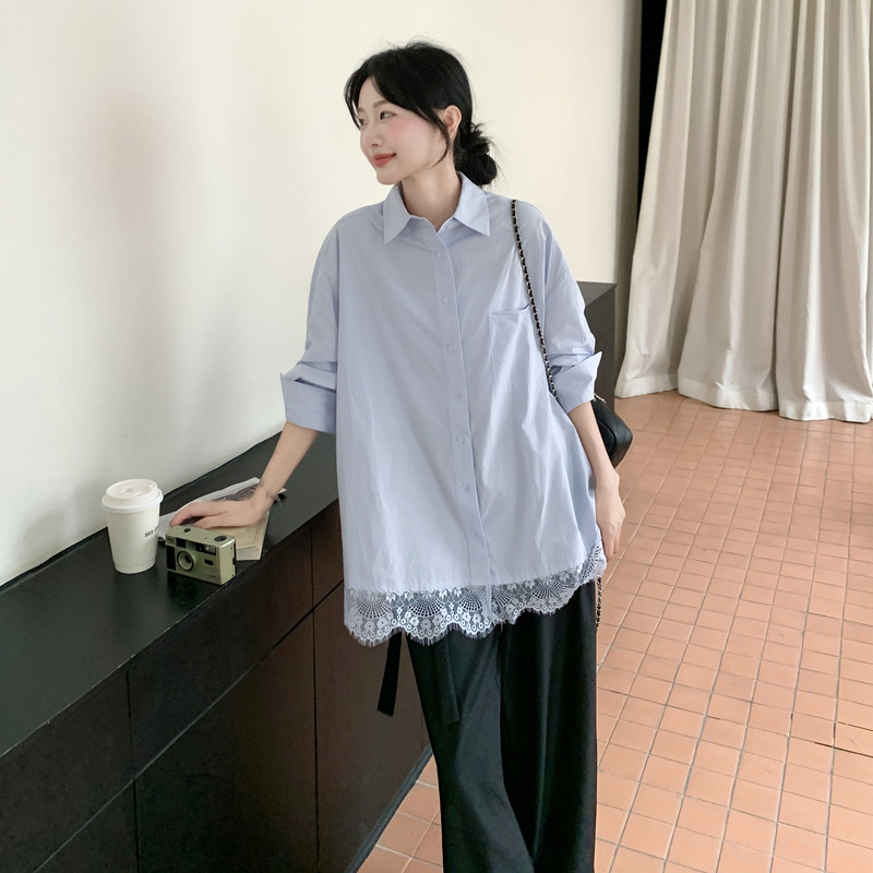 浅蓝色蕾丝花边衬衫套装女2025年春秋季新款显瘦休闲阔腿裤两件套,商品下架区,浙宝131