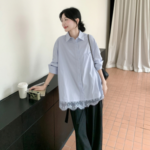 浅蓝色蕾丝花边衬衫套装女2025年春秋季新款显瘦休闲阔腿裤两件套图片