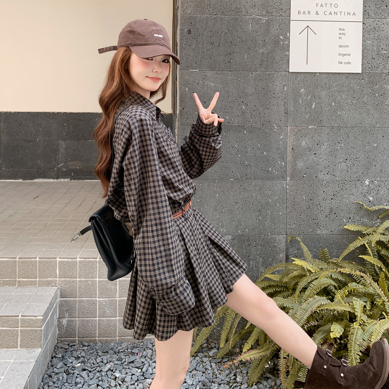韩系复古格子衬衫连衣裙女小个子秋2025新款高级感穿搭显瘦a字裙,女装套装/套裙,浙宝131