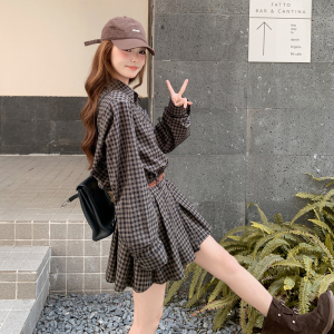 韩系复古格子衬衫连衣裙女小个子秋2025新款高级感穿搭显瘦a字裙图片