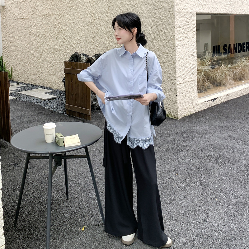 浅蓝色蕾丝花边衬衫套装女2025年春秋季新款显瘦休闲阔腿裤两件套,商品下架区,浙宝131