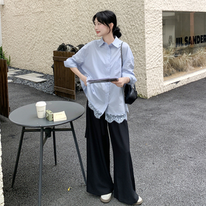 浅蓝色蕾丝花边衬衫套装女2025年春秋季新款显瘦休闲阔腿裤两件套图片