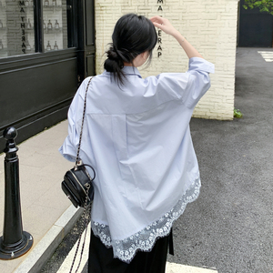 浅蓝色蕾丝花边衬衫套装女2025年春秋季新款显瘦休闲阔腿裤两件套图片
