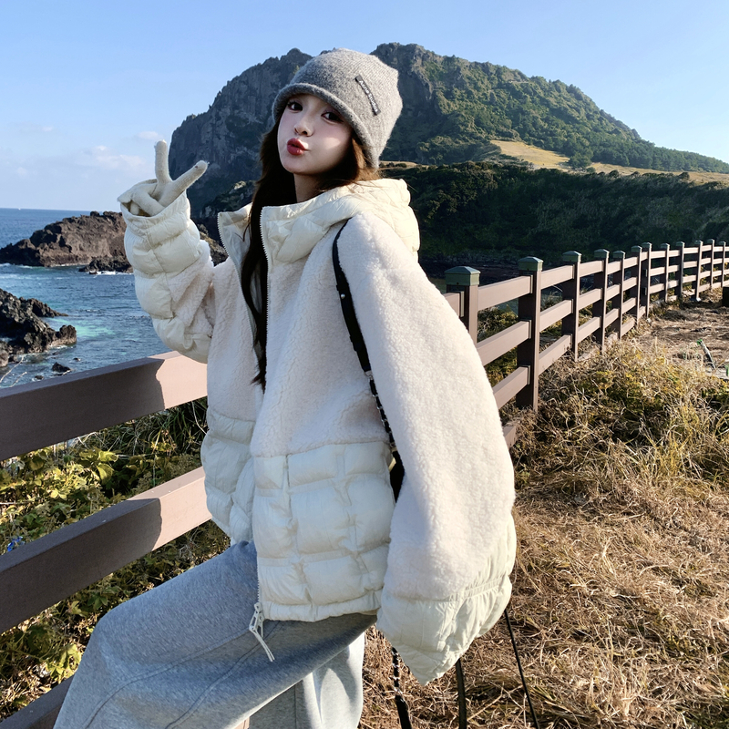 新款羊羔毛羽绒拼接外套90连帽羽绒服131-P295K448，女装羽绒服，浙宝131