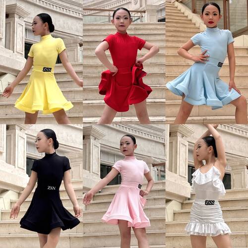 新款拉丁舞服女童儿童高领包肩袖分体鱼骨考级比赛规定服