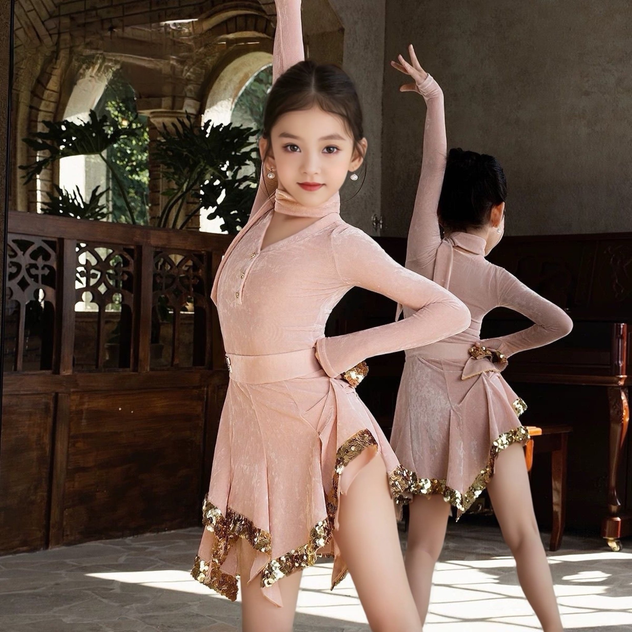 黄泳茵同款美辰少儿拉丁舞服冬季新款粉色丝绒长袖亮片半身裙女童