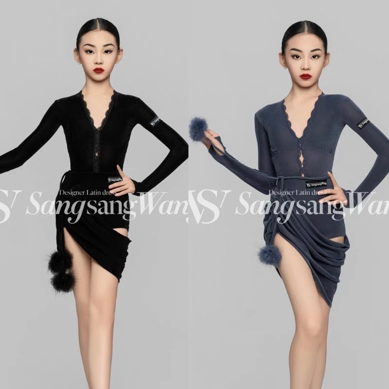 sswang舞服少儿拉丁舞v领长袖丝绒毛球兜兜半裙练习服精英女童