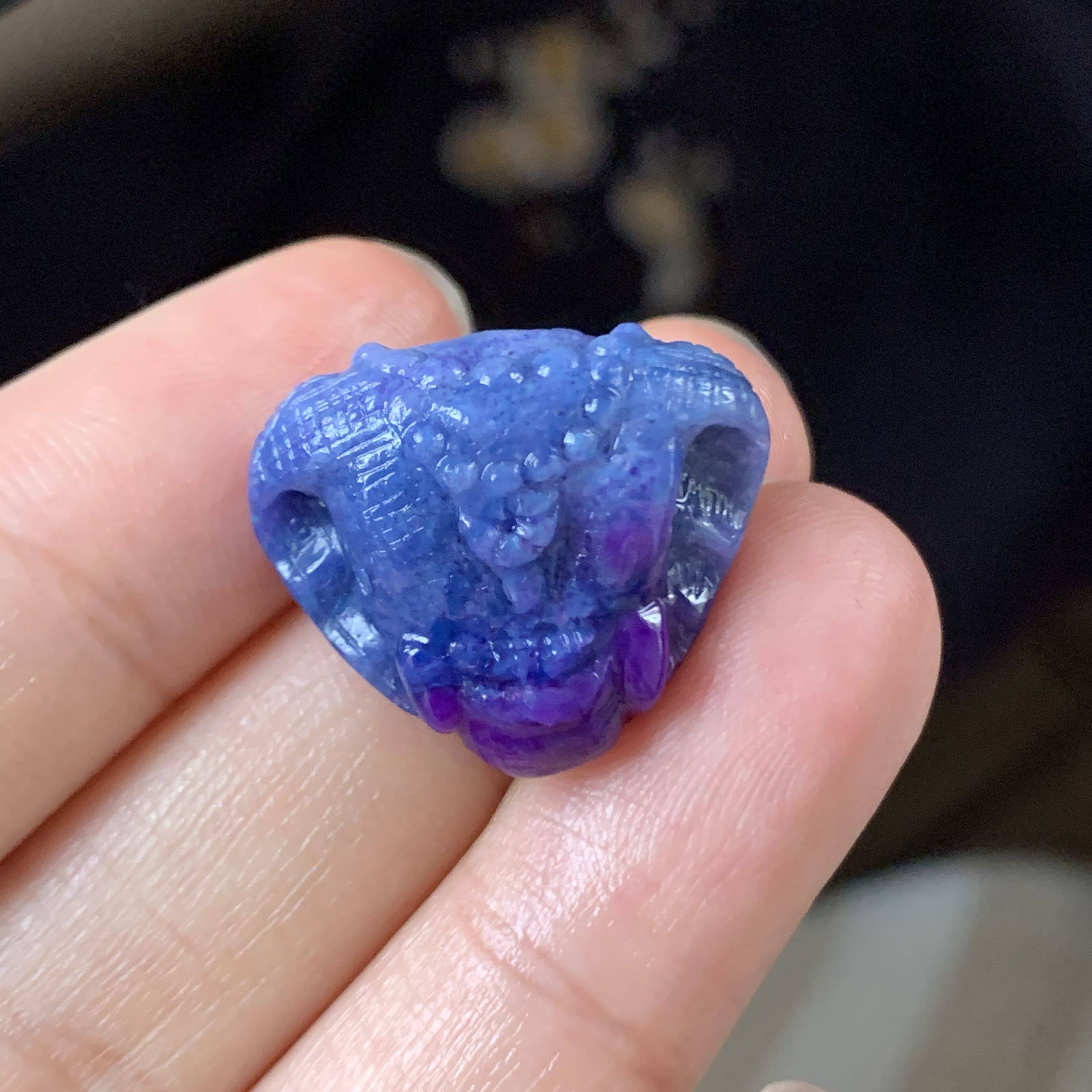 醒走 天然舒俱来老料玉化星际蓝紫色雕刻象神吉祥如意雕件吊坠