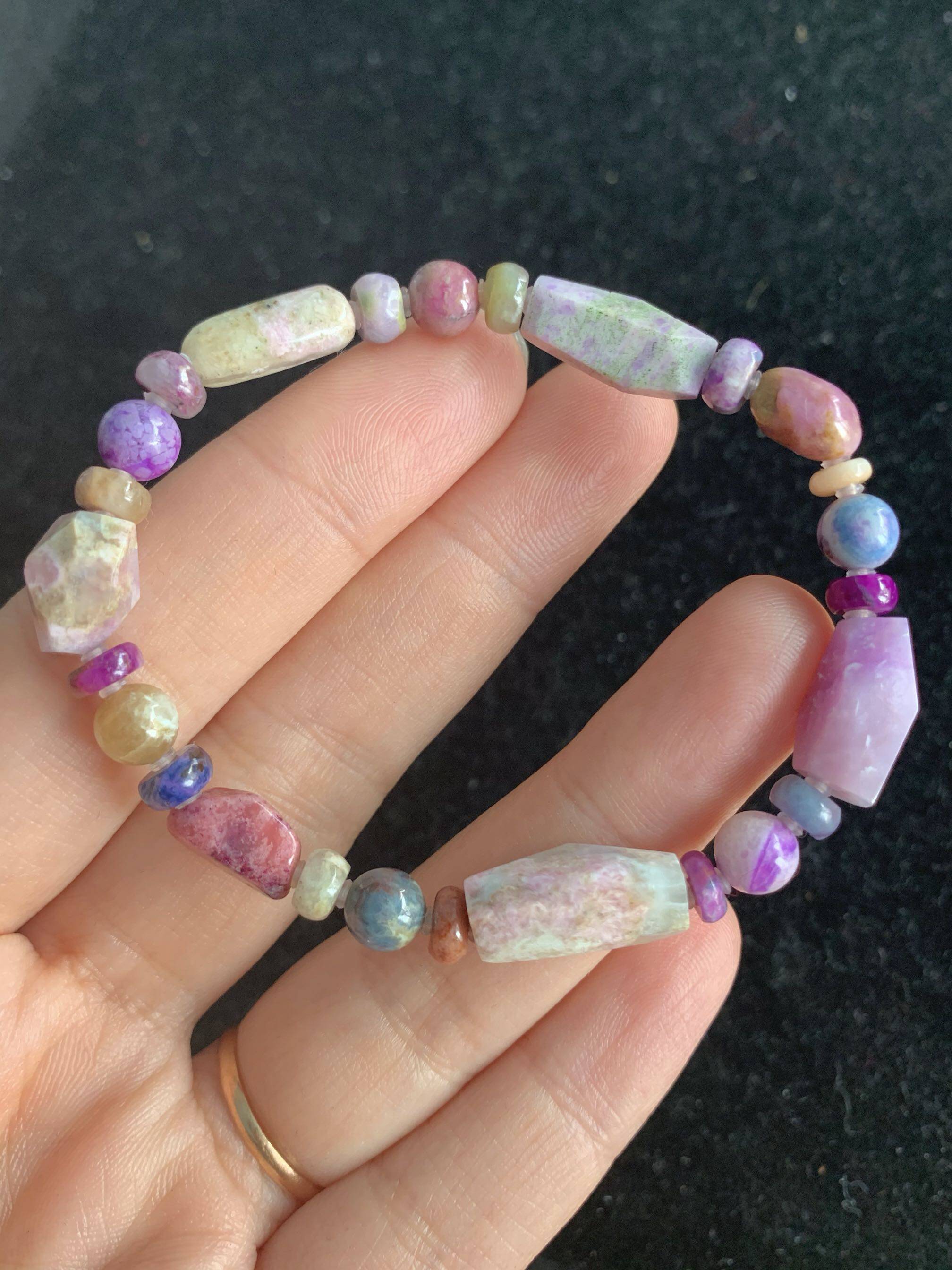 醒走天然舒俱来老料玉化冰透多彩色樱花蛋花随型桶珠混搭手串手链