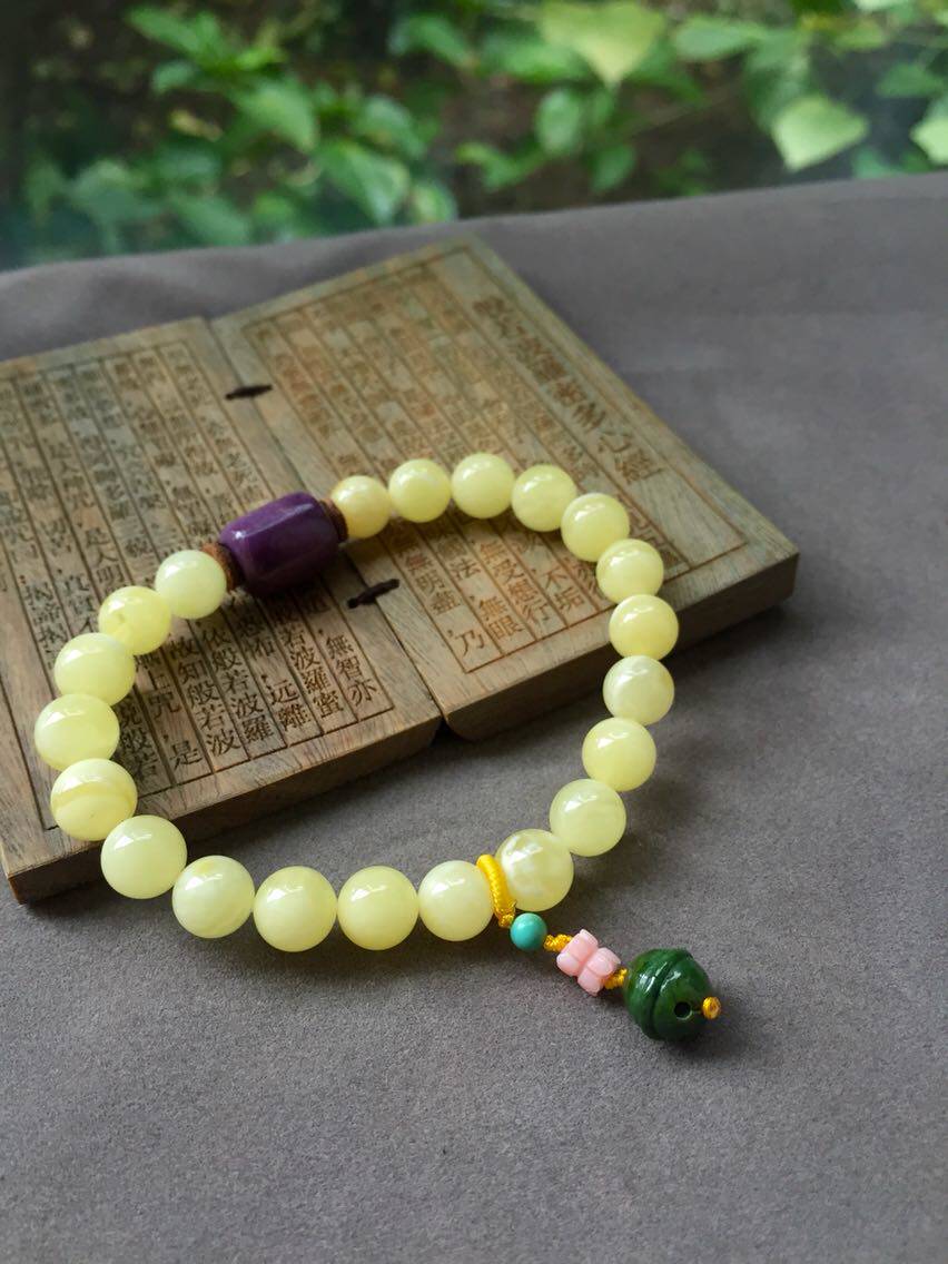 醒走原创舒俱来皇家紫桶珠原矿白花蜜蜡深水粉绿松石铃铛手串手链