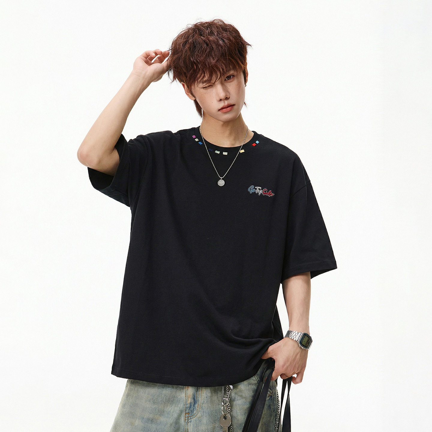 领口撞色彩绣纯棉短袖T恤男夏季日系宽松潮牌质感体恤衫休闲半袖,男装,T恤,淘宝优惠券,粉丝福利购,淘宝优惠卷