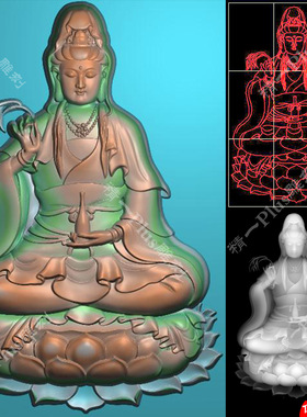 精一698拿柳枝坐莲观音46牌带线石雕木雕jdp精雕图灰度浮雕刻图
