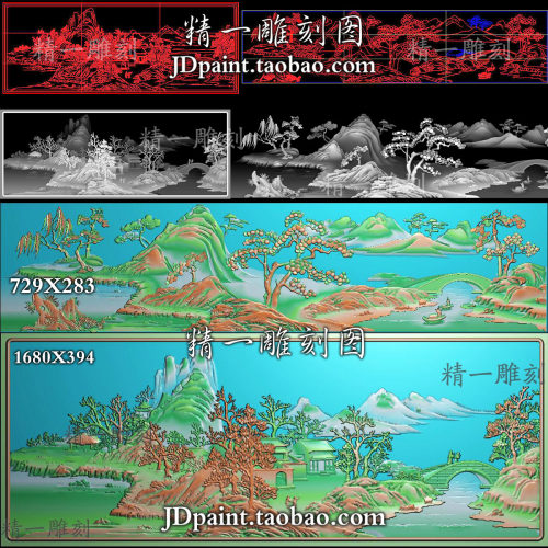 jdp格式A-1963木雕横版山水风景画床背板带线bmp灰度精雕刻图