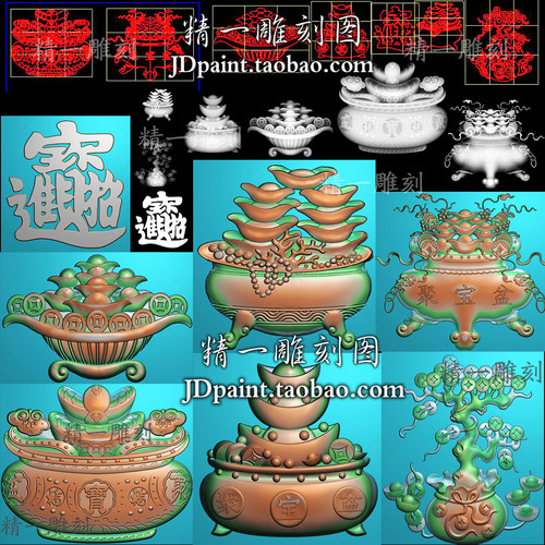 1913A发财聚宝盆摇钱树招财进宝精雕图jdp格式文件bmp灰度浮雕图