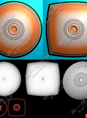 精一389方形圆形仿古回纹素面简约平安扣挂件灰度图电脑浮雕刻图
