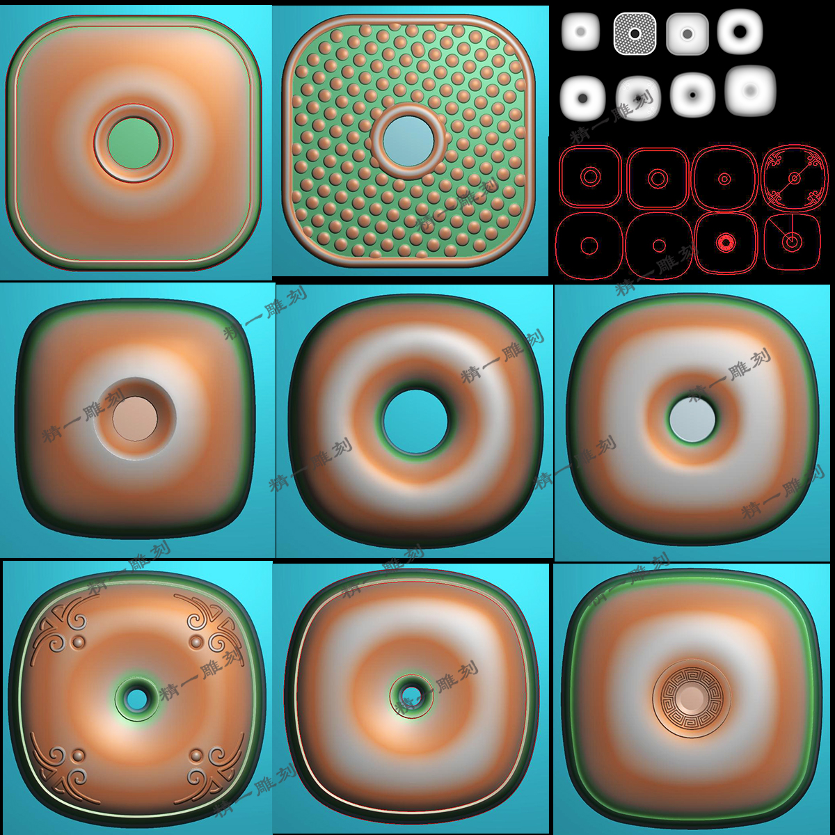 精一jdp格式精雕图1110方形面包平安扣8款灰度图bmp浮雕刻图带线