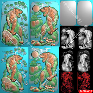 精一p729玉雕上山老虎山水平安牌带线jdp浮雕边框精雕灰度图