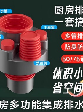 厨房多功能集成下水管道防臭密封塞通用净水器小厨宝排水管分流器