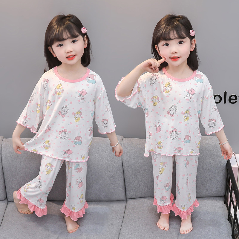 儿童莫代尔睡衣女童夏季薄款卡通印花家居服套装可爱空调服