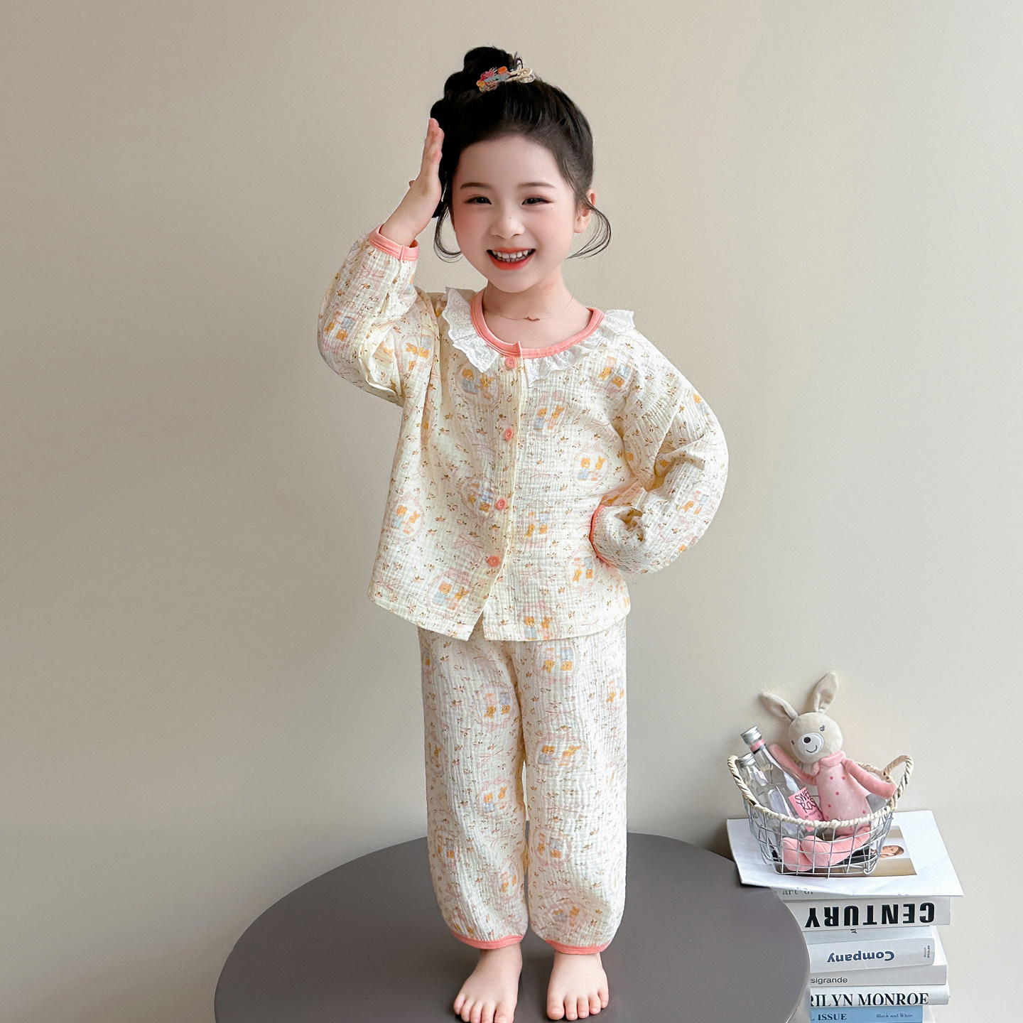 女童纯棉纱布开衫家居服套装春秋长袖卡通印花睡衣柔软