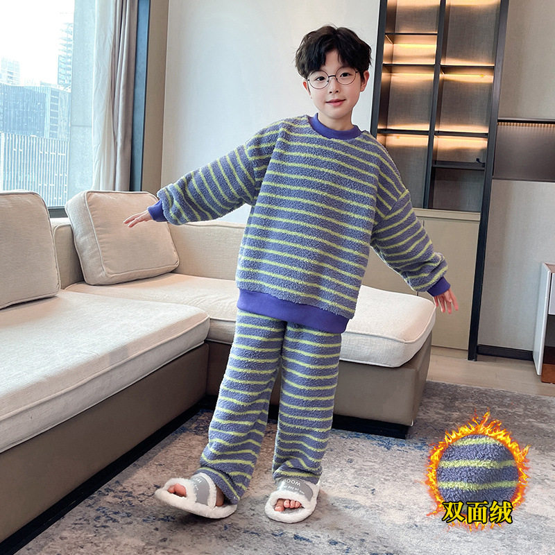 儿童装男童冬装珊瑚绒睡衣青少年秋冬款加厚法兰绒冬季男孩家居服