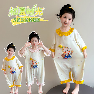 女童卡通连体睡衣夏季薄款荷叶边家居服套装宝宝空调服