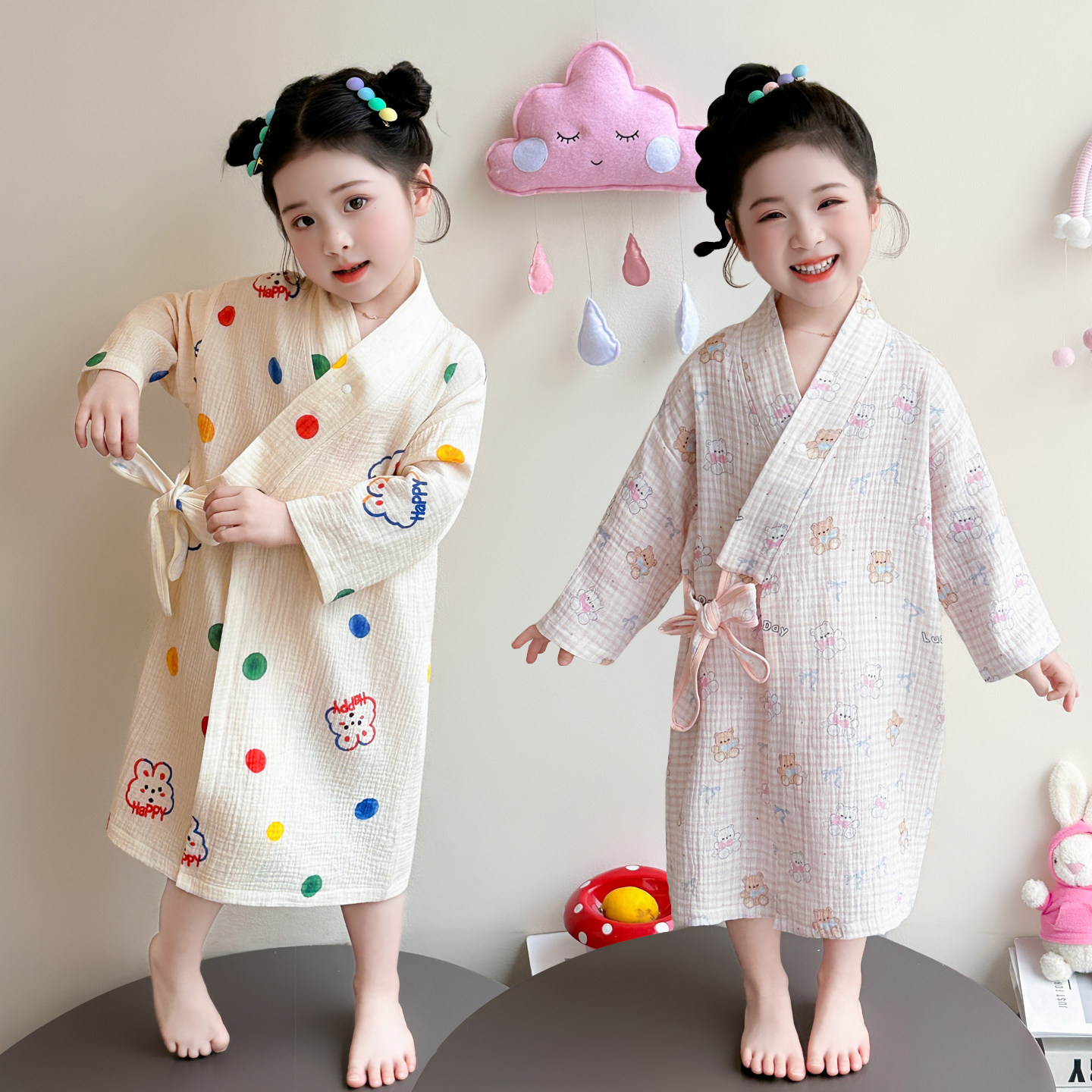 女童睡袍春秋季新款长袖可爱卡通系带浴袍儿童家居服