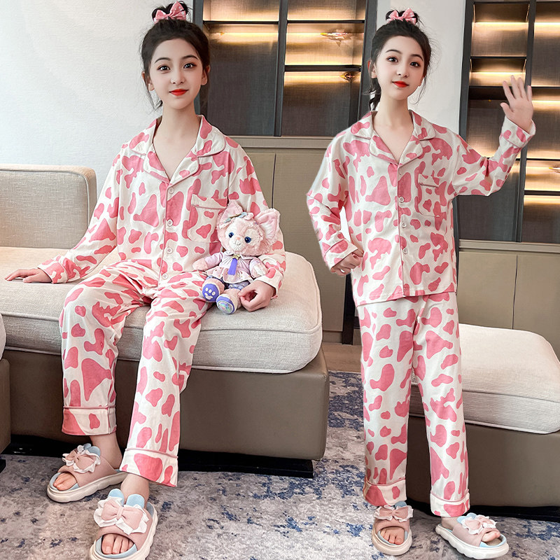 纯棉卡通奶牛纹睡衣女春秋长袖翻领开衫家居服套装小个子可外穿
