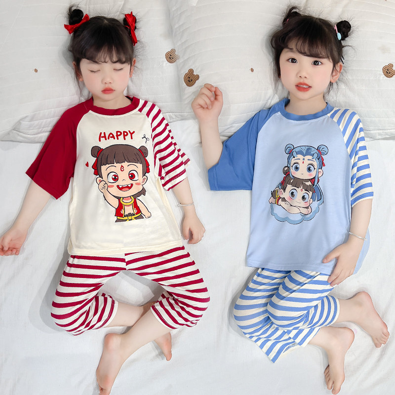 女童卡通印花睡衣夏季莫代尔七分袖家居服套装儿童空调服圆领宽松