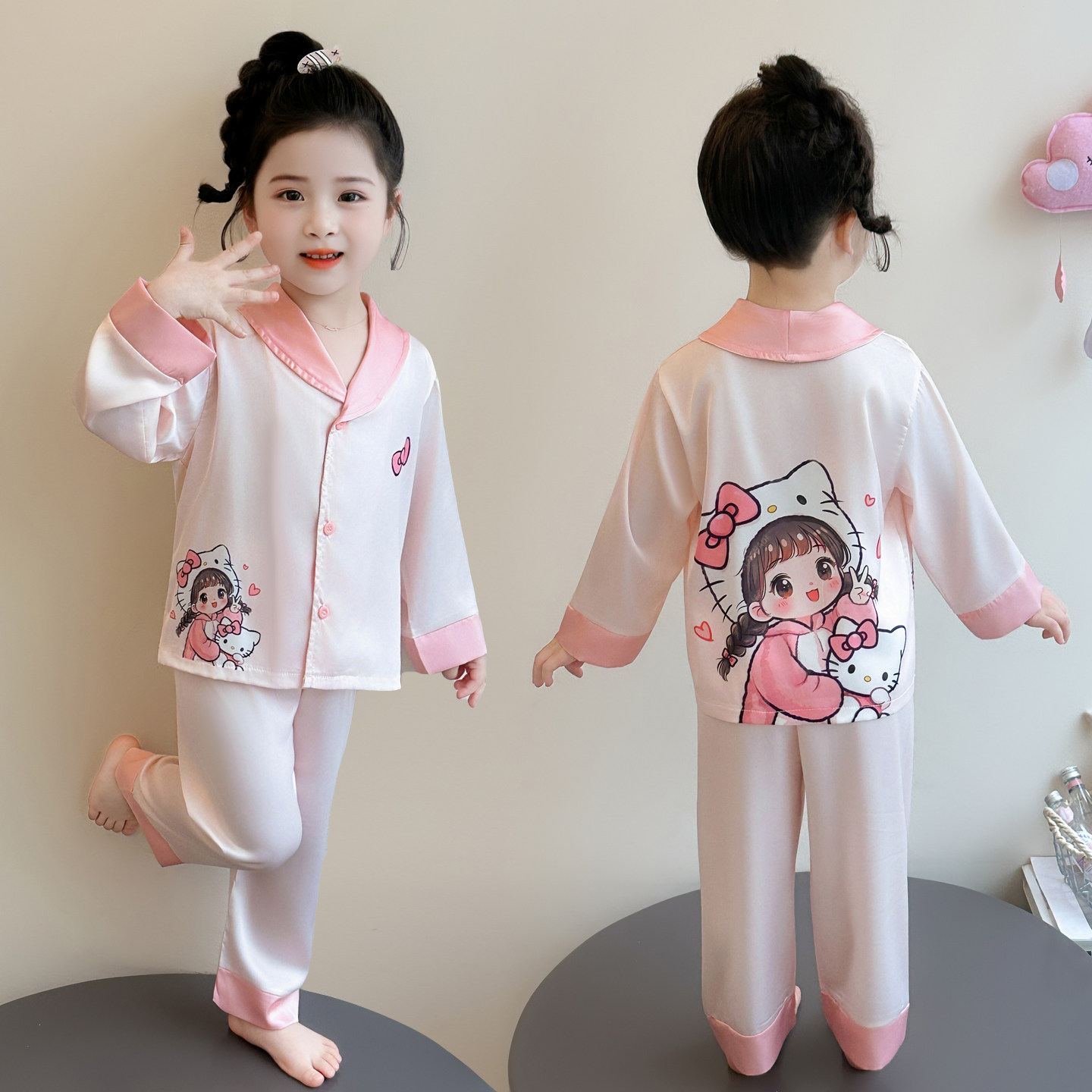 女童卡通印花睡衣套装春秋长袖翻领开衫可爱家居服