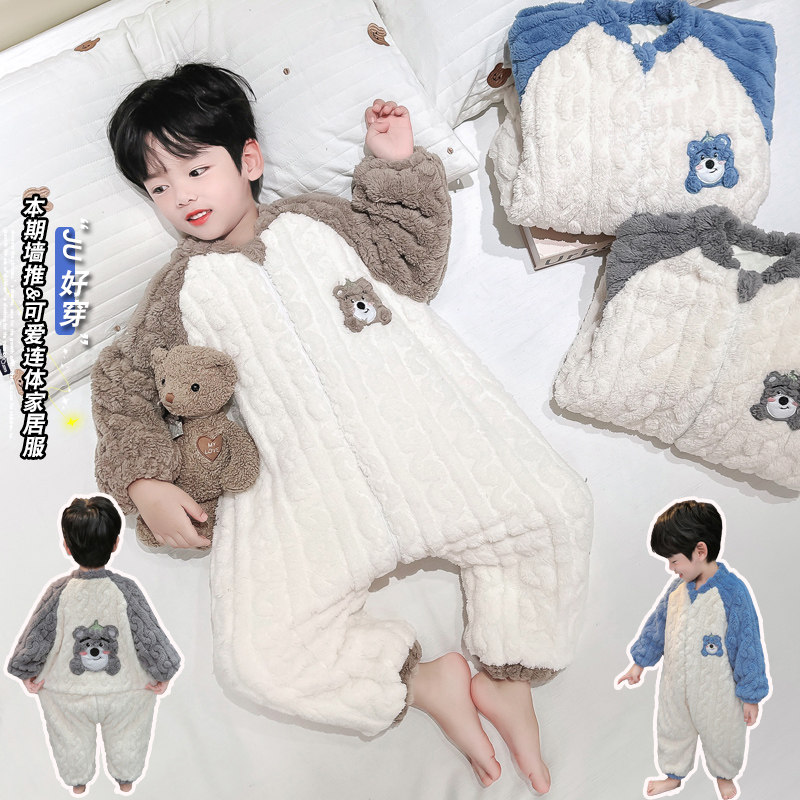 儿童睡袍男童连体睡衣防踢被睡袋2025冬季珊瑚绒家居服加绒爬服