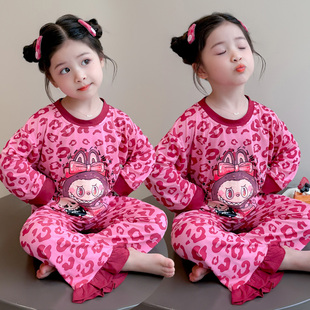 女童豹纹卡通家居服套装春秋长袖莫代尔两件套分体式睡衣