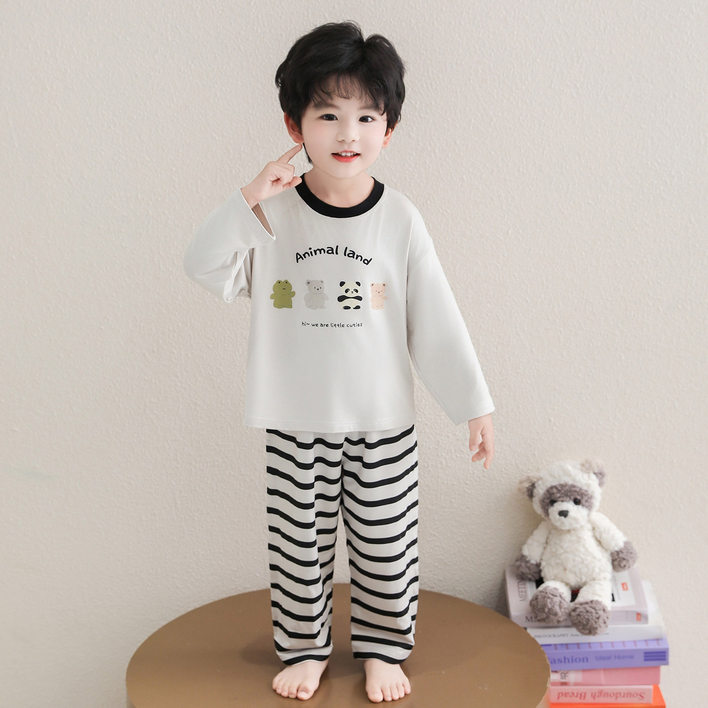 男童卡通动物印花睡衣套装春秋新款莫代尔长袖宽松家居服