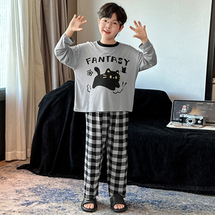 男童卡通猫咪睡衣春秋长袖家居服套装可外穿中大童宽松柔软莫代尔